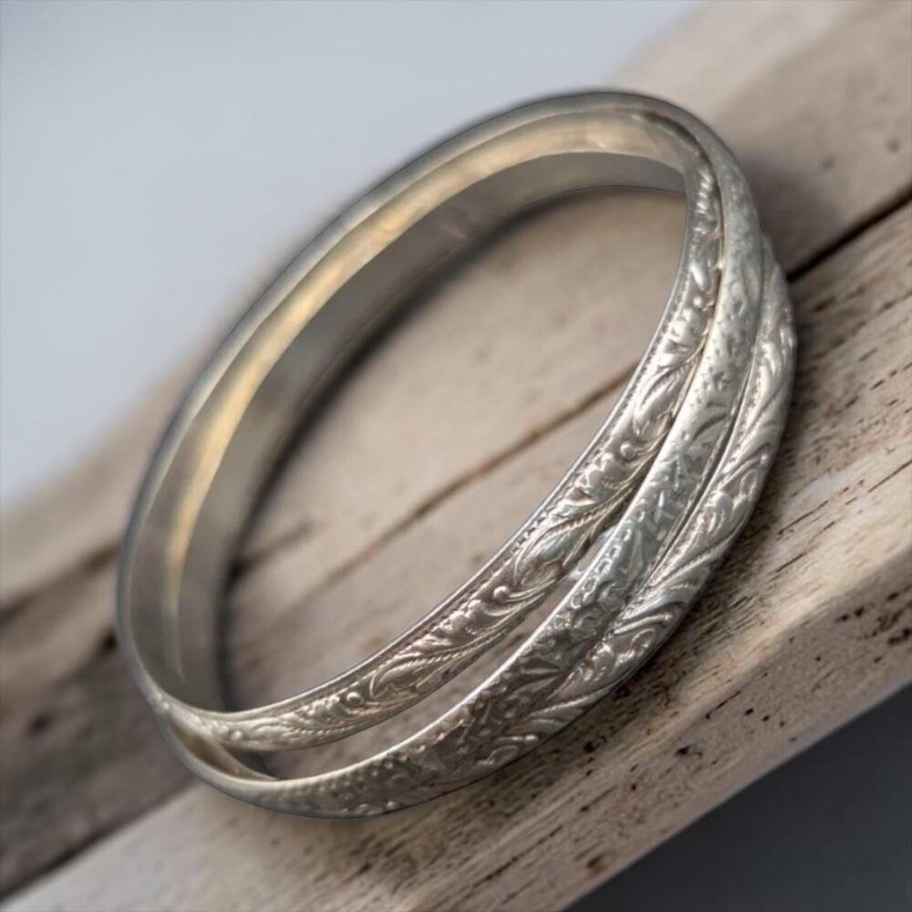 Vintage Moroccan Silver Bangle Bracelets Set - Size 6